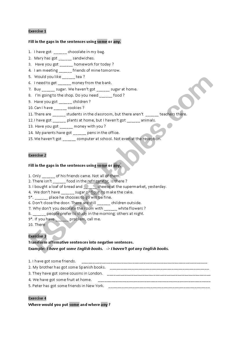 some & any worksheet