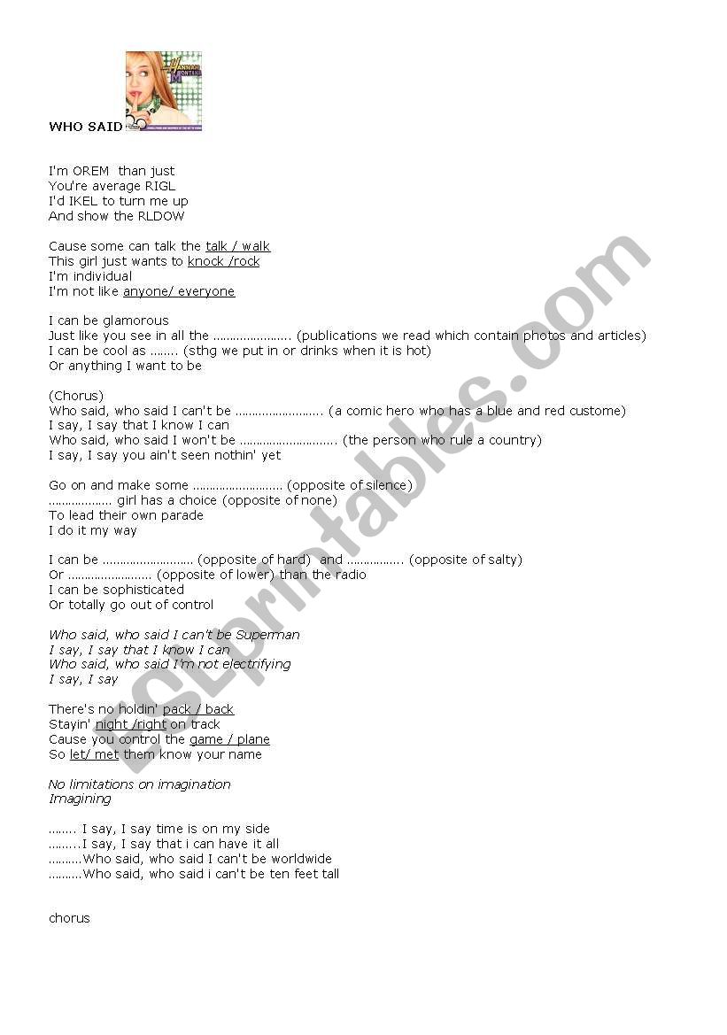 WHO SAID- HANNAH MONTANA worksheet