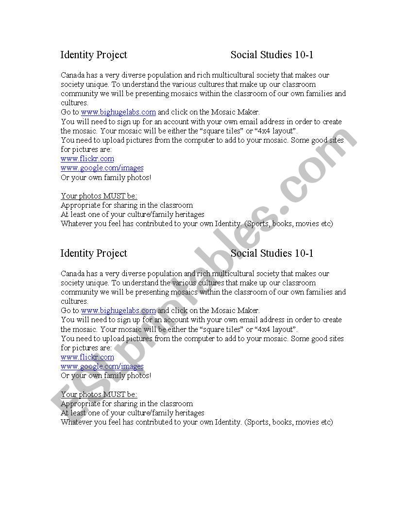 Social 10 Identity Project worksheet