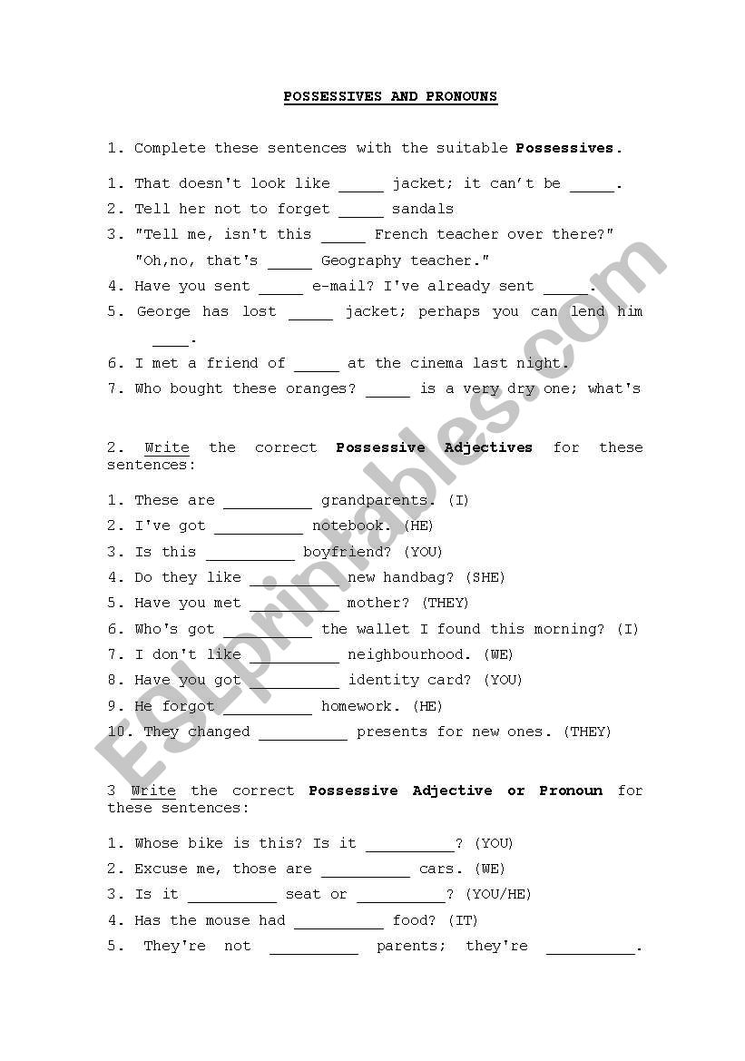 Possessive and Pronouns worksheet