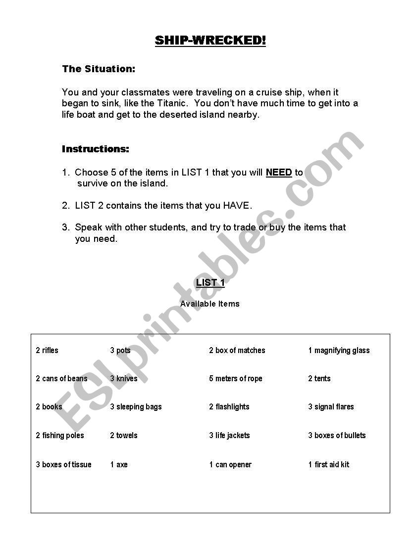 ShipWrecked worksheet