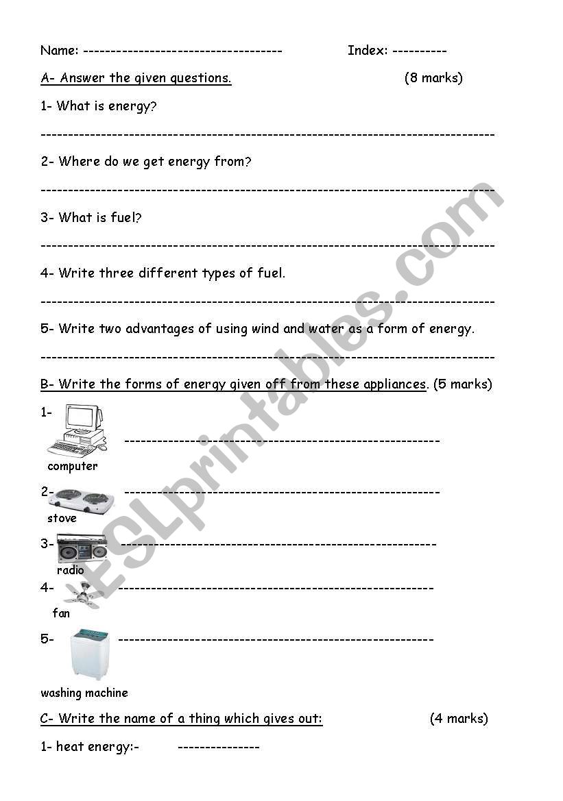 energy worksheet