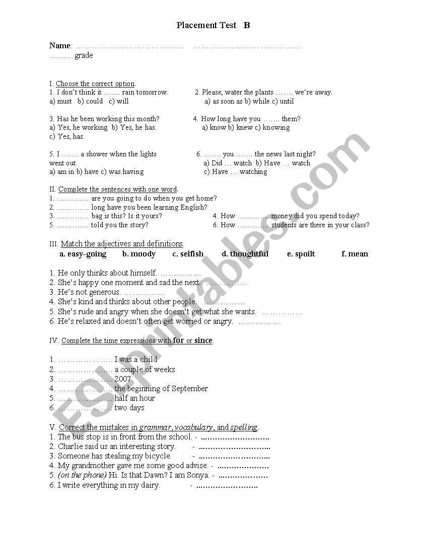 Entry Test worksheet
