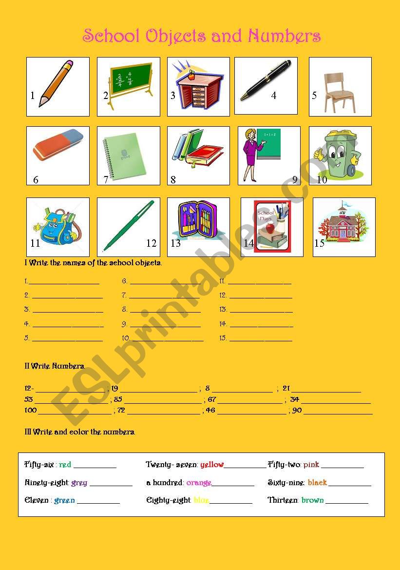 School objects and numbers worksheet