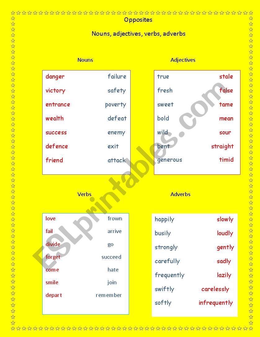Opposite match, nouns,adjectives,verbs and adverbs
