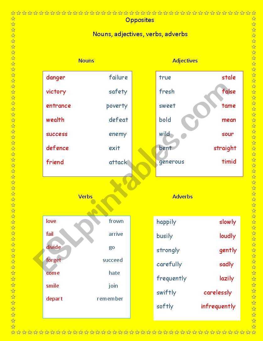 Opposite match, nouns,adjectives,verbs and adverbs