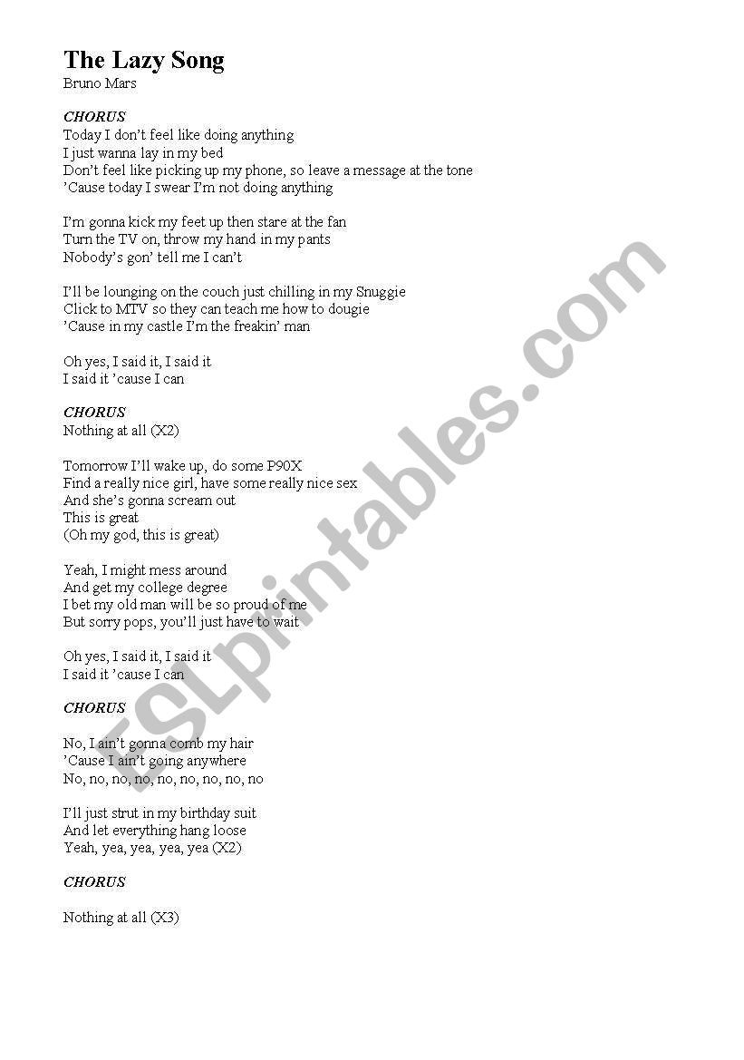 Bruno Mars - The Lazy Song worksheet