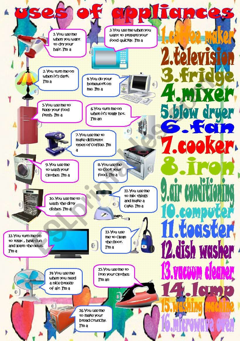 uses of appliances worksheet