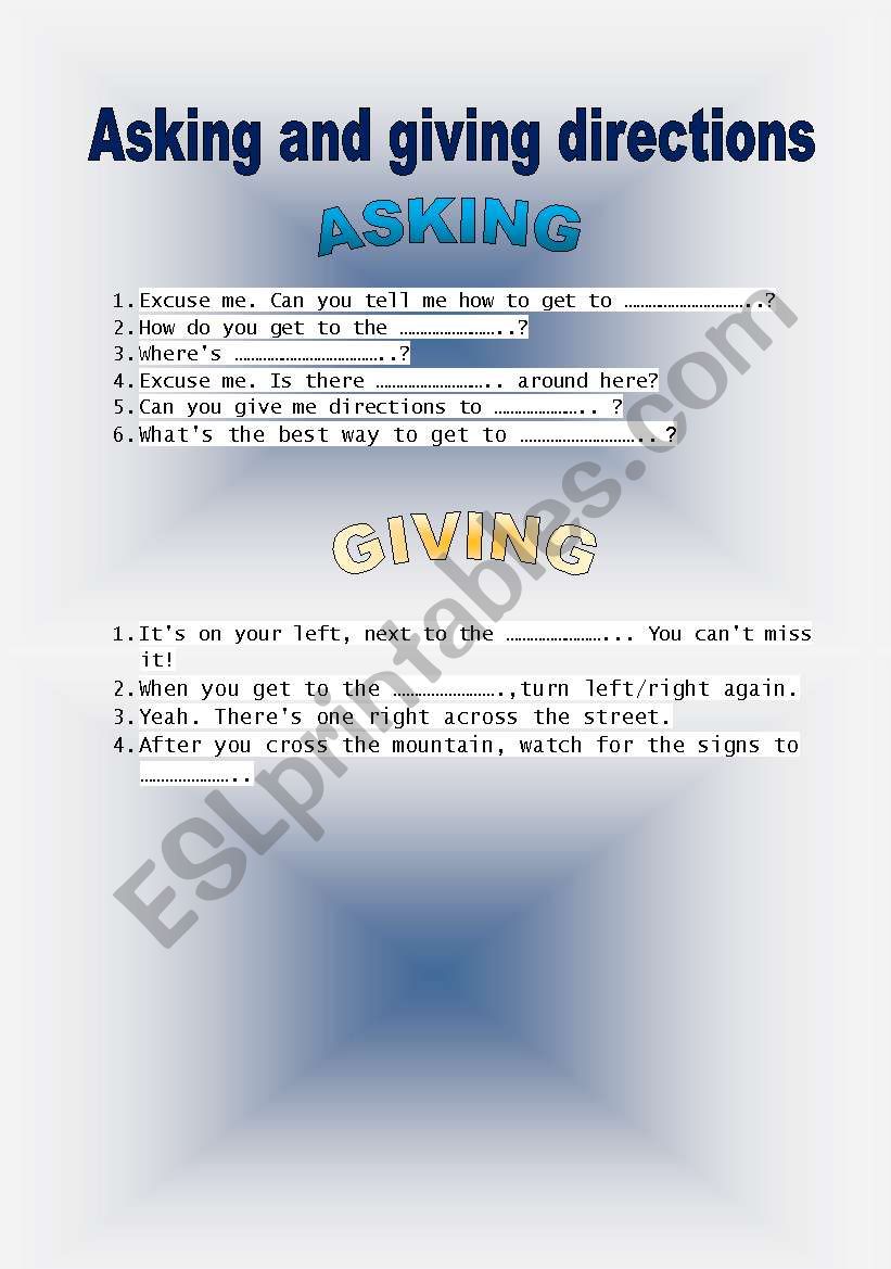 Asking and giving directions worksheet