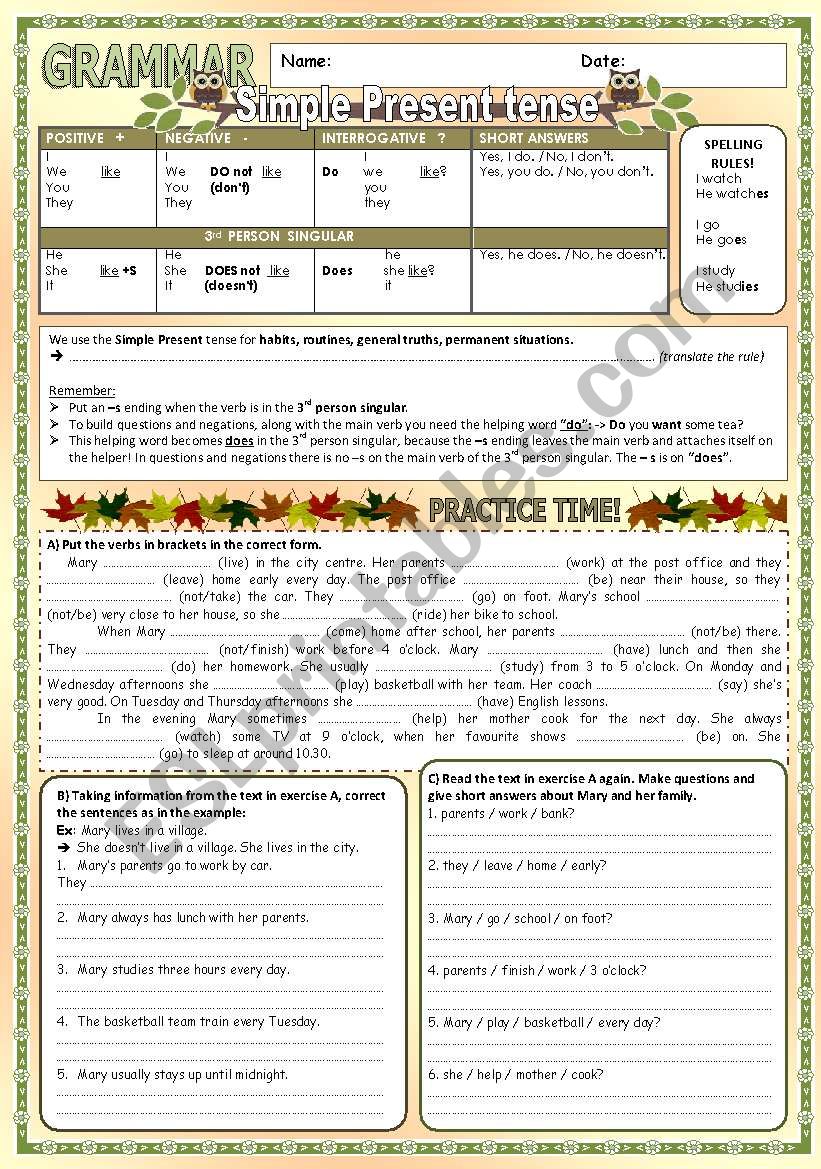 Simple Present tense revision (2 pages) with adverbs of frequency and question words