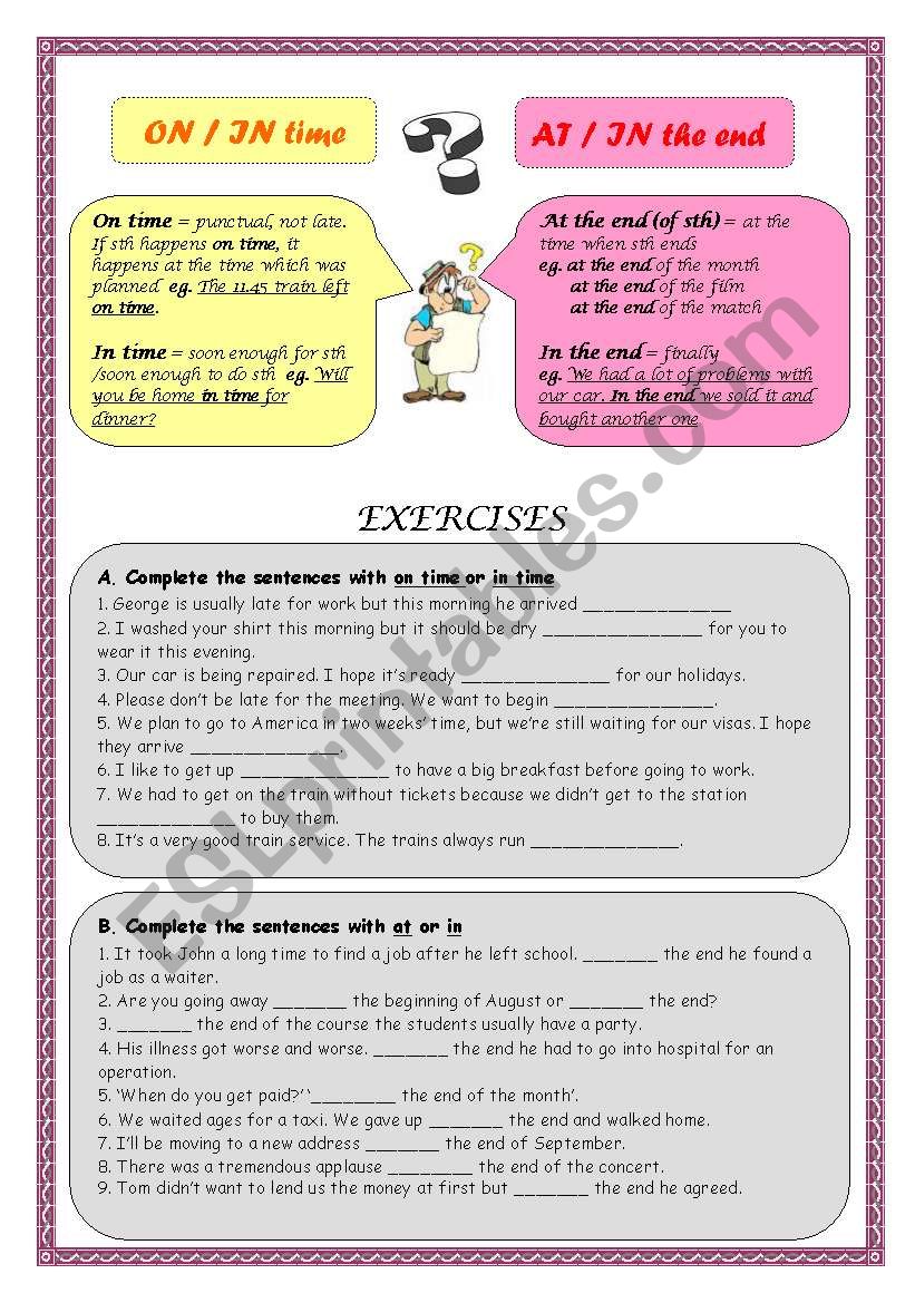 On/in time - At/In the end worksheet