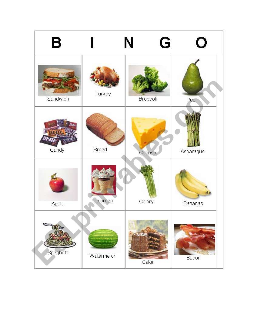 Bingo food worksheet