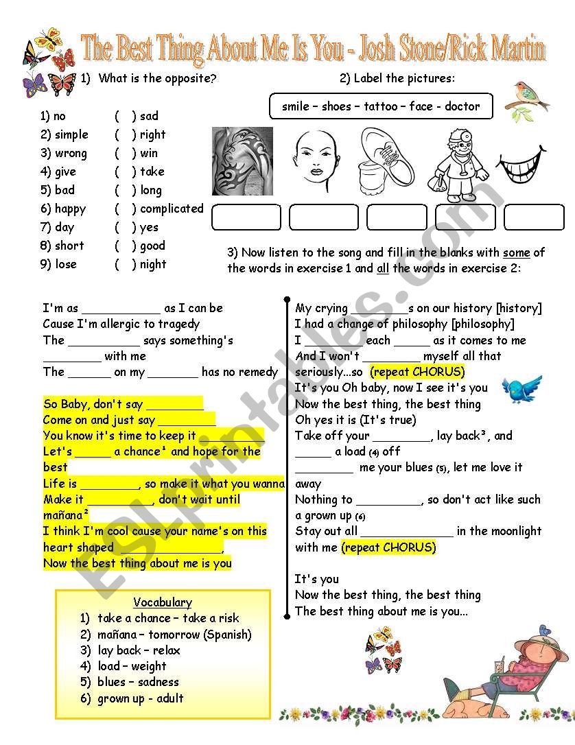 The best thing about me is you (Ricky Martin/Joss Stone) - song with exercises and answer key