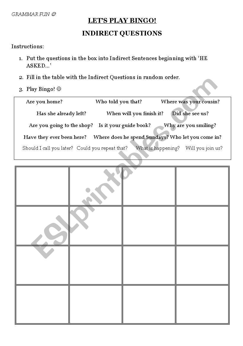 Bingo INDIRECT QUESTIONS worksheet