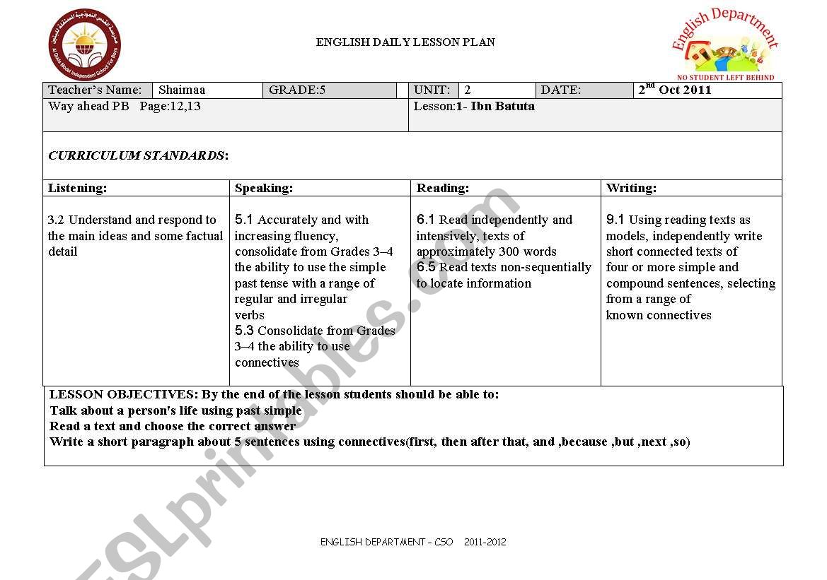 READING LESSON PLAN worksheet