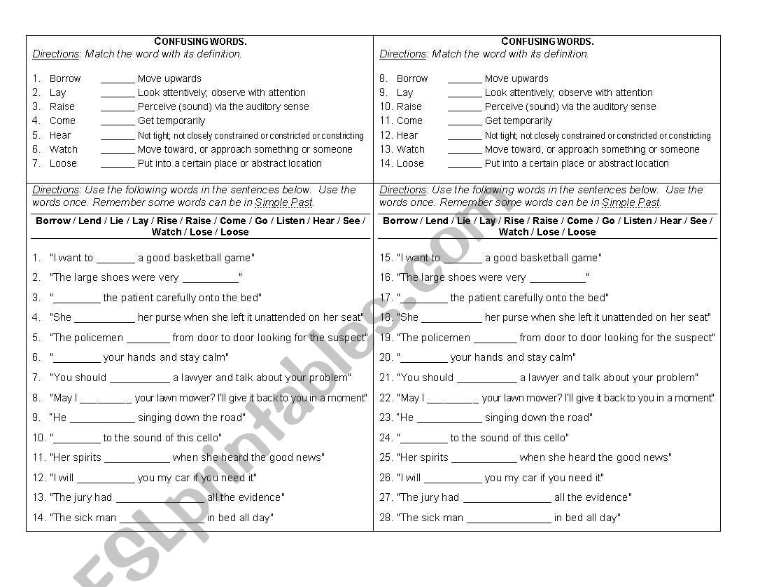 Confusing Verbs ESL Worksheet By Ordira