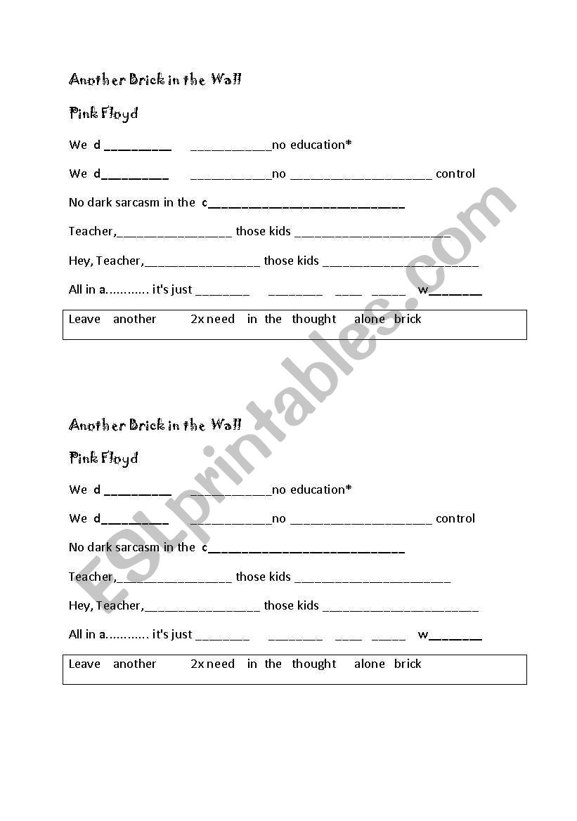 another brick in the wall  worksheet