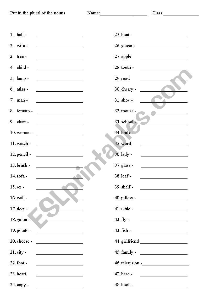 Exercise - Fill in plurals regular and irregular