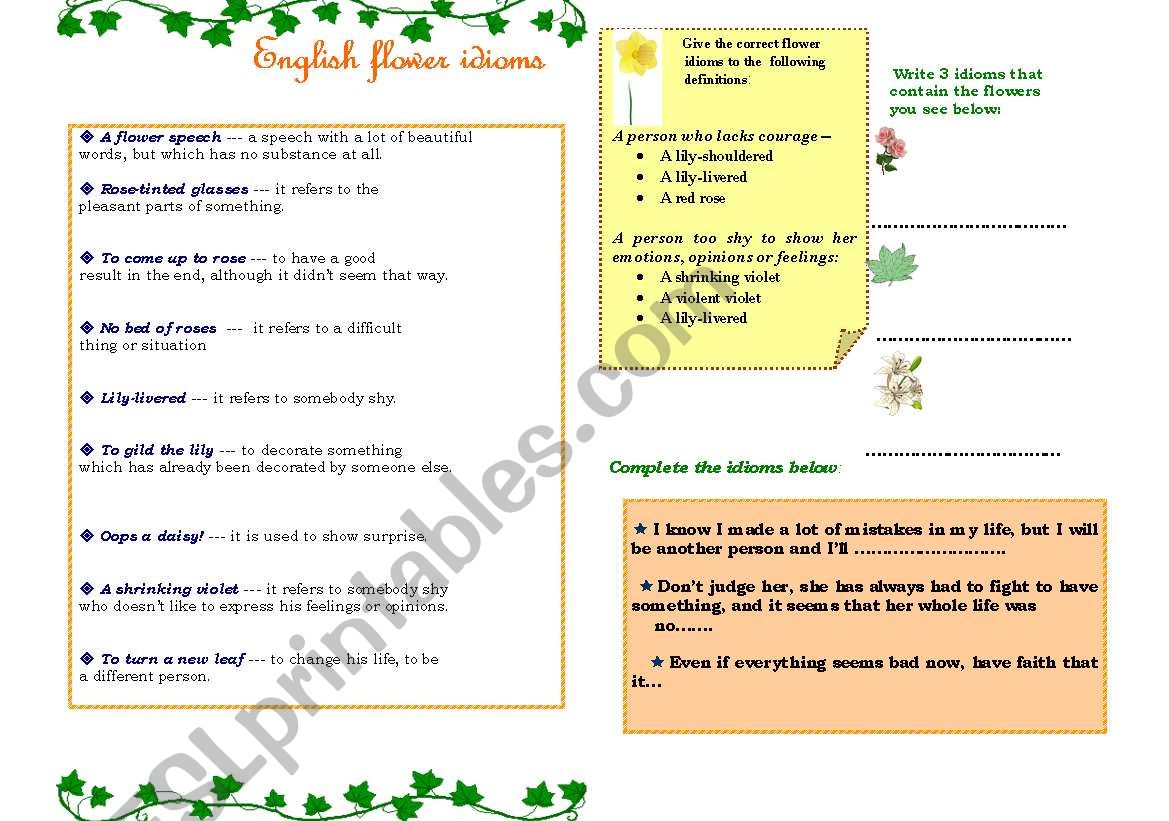 ENGLISH FLOWER IDIOMS - ESL worksheet by domnitza