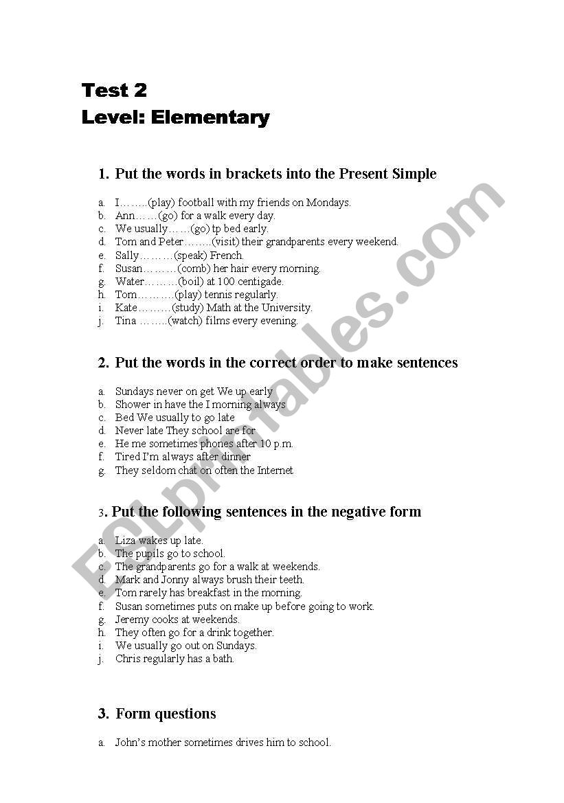 Elementary, test worksheet