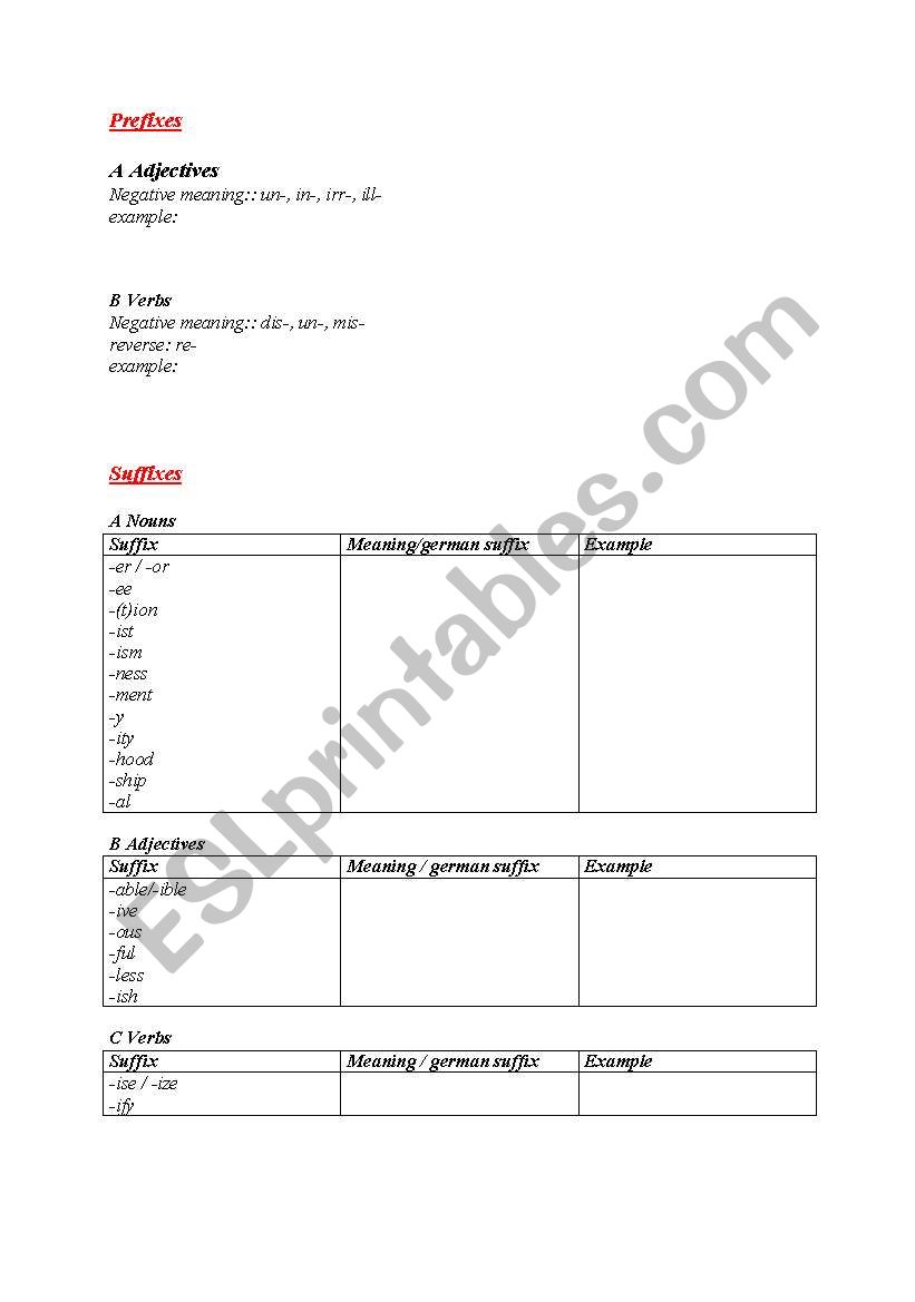 English Prefixes and Suffixes worksheet