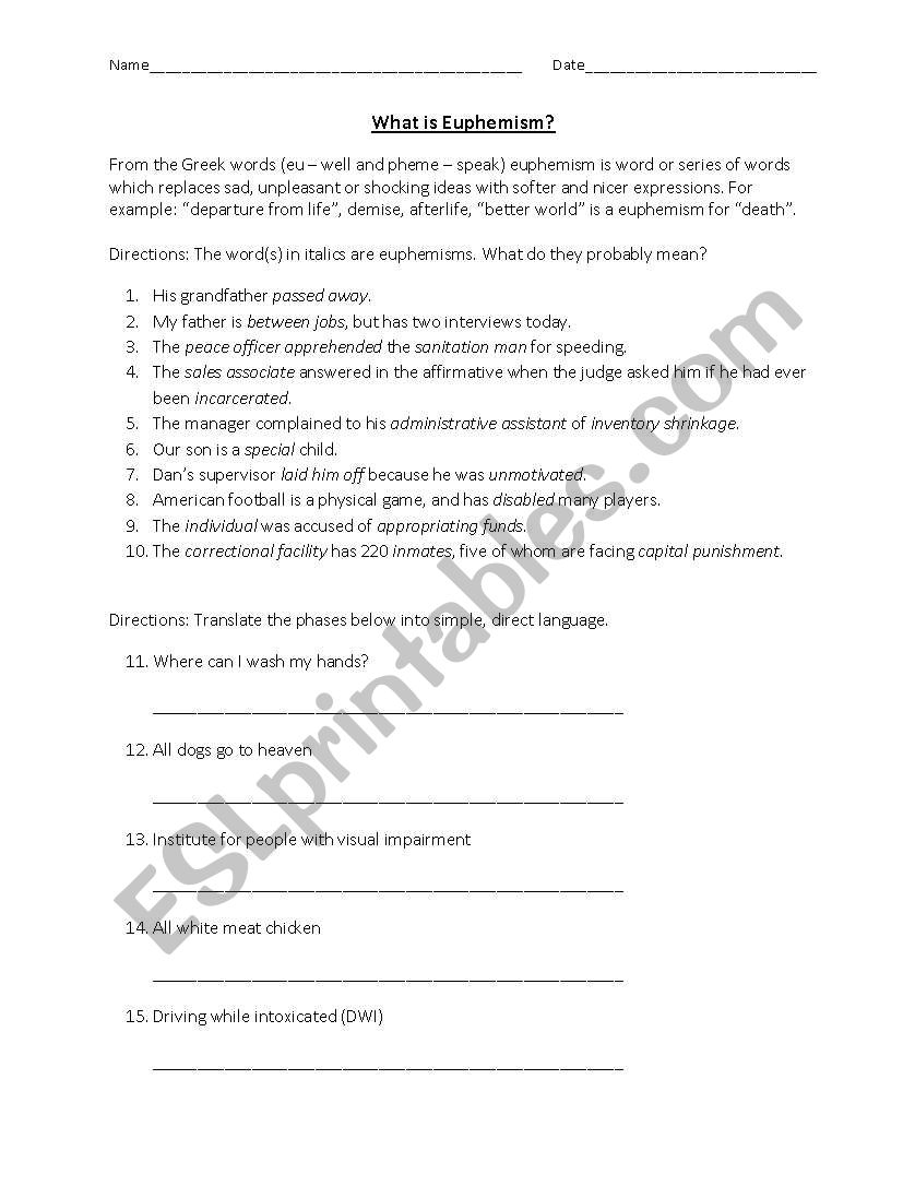 euphemism esl worksheet by drsulliv