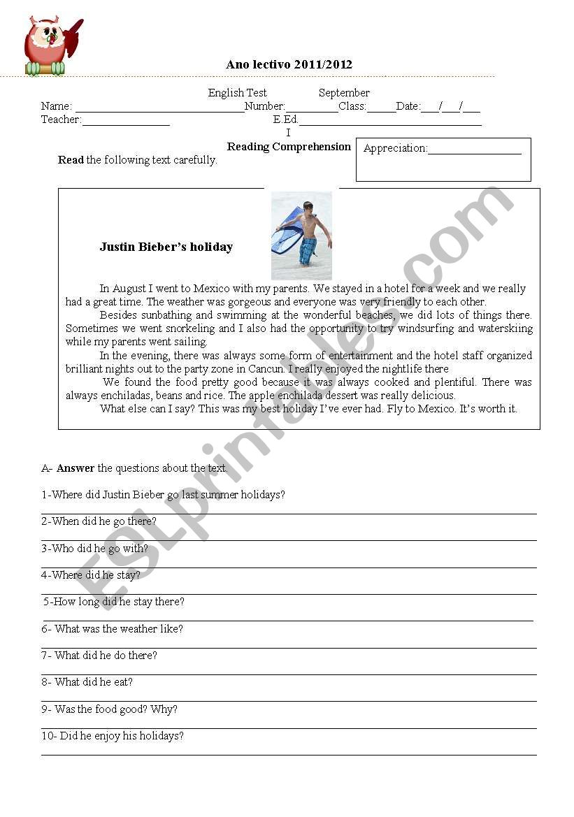 Justin Biebers holidays worksheet