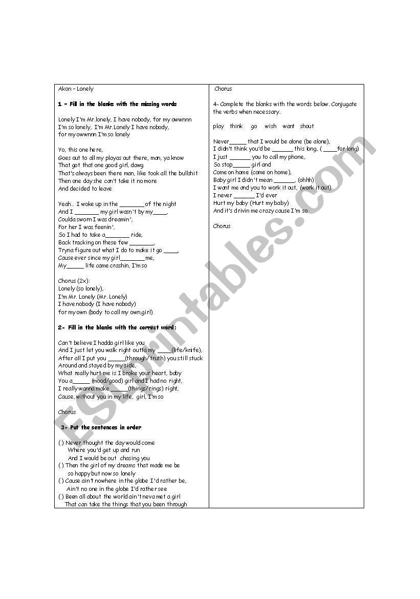 Song - Lonely by Akon worksheet