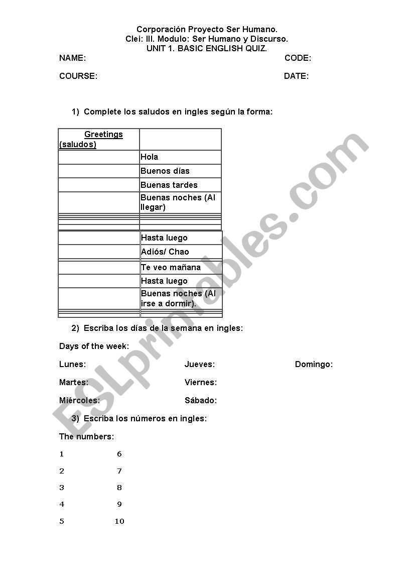 Basic english quiz. worksheet