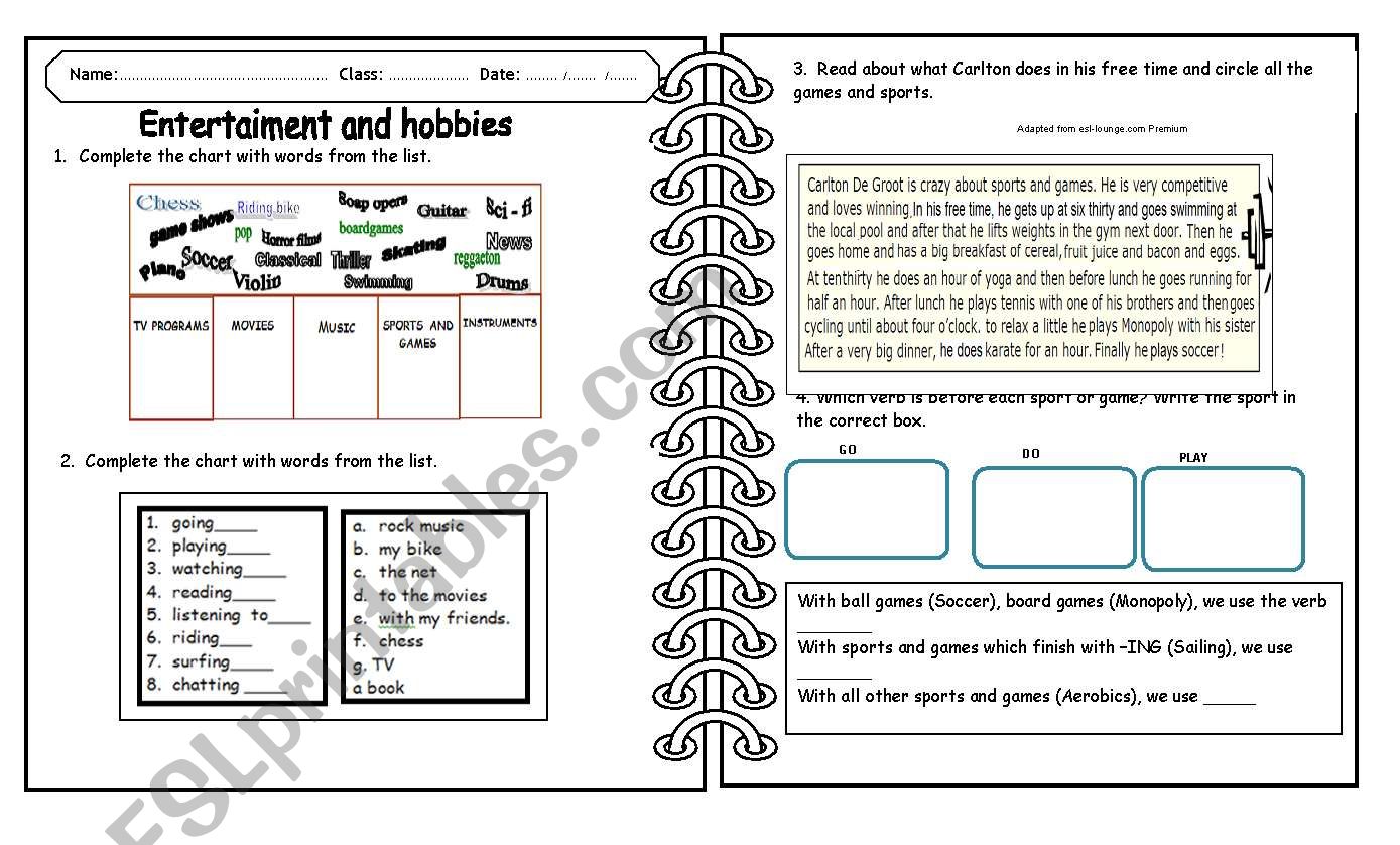 Enterteiment and hobbies worksheet