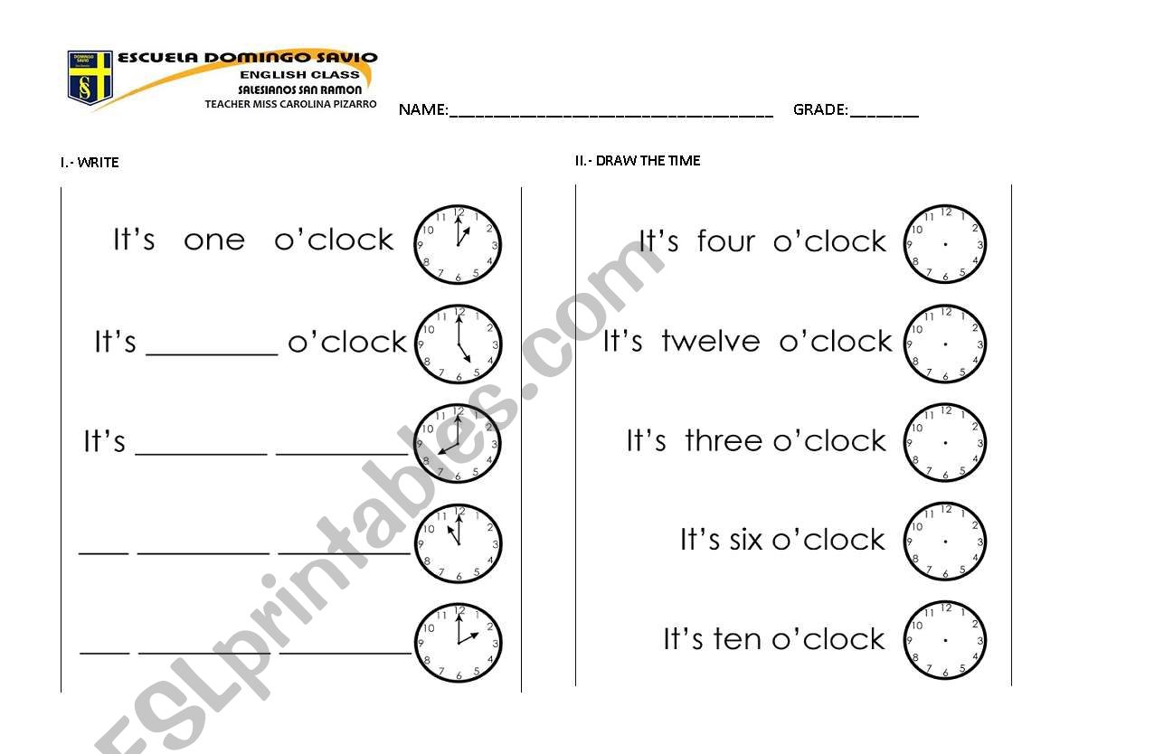 hours o clock worksheet