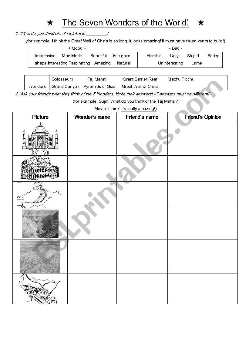 7 Wonders of the World Dialog Sheet