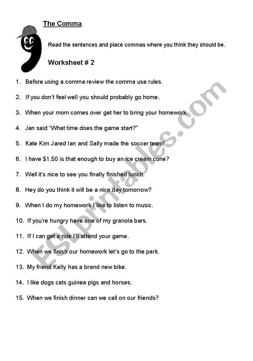 commas usage worksheet worksheet