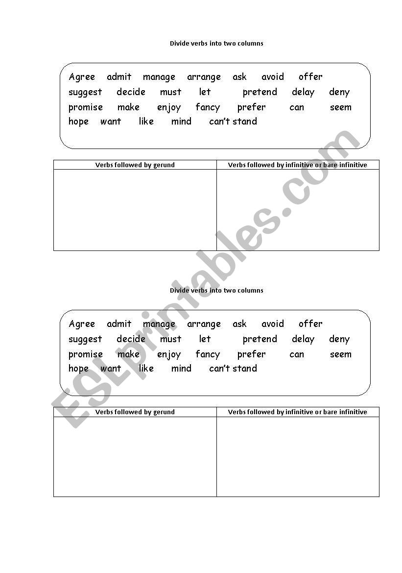 Gerund and Infinitive worksheet