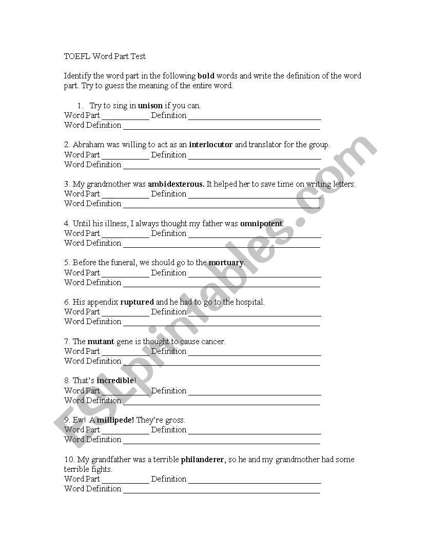 TOEFL Word Parts Practice worksheet