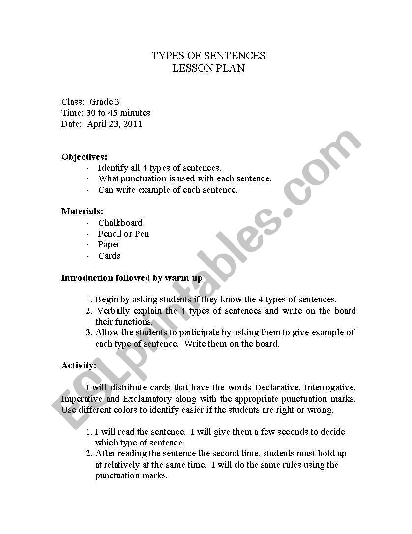 four types of sentences worksheet