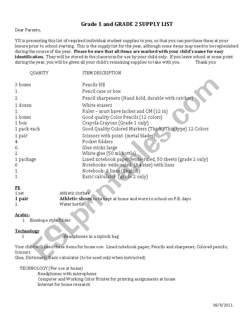 supply list worksheet