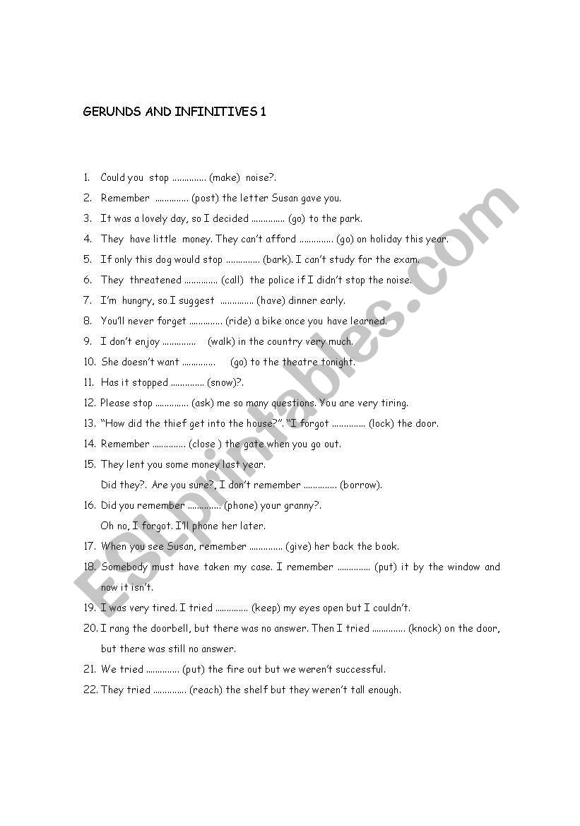 GERUNDS AND INFINITIVES 1 worksheet