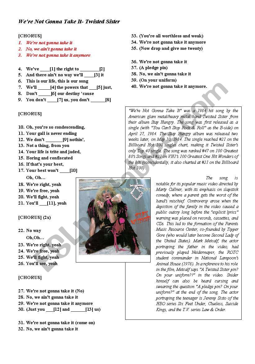 We Re Not Gonna Take It Twisted Sister Esl Worksheet By Andre