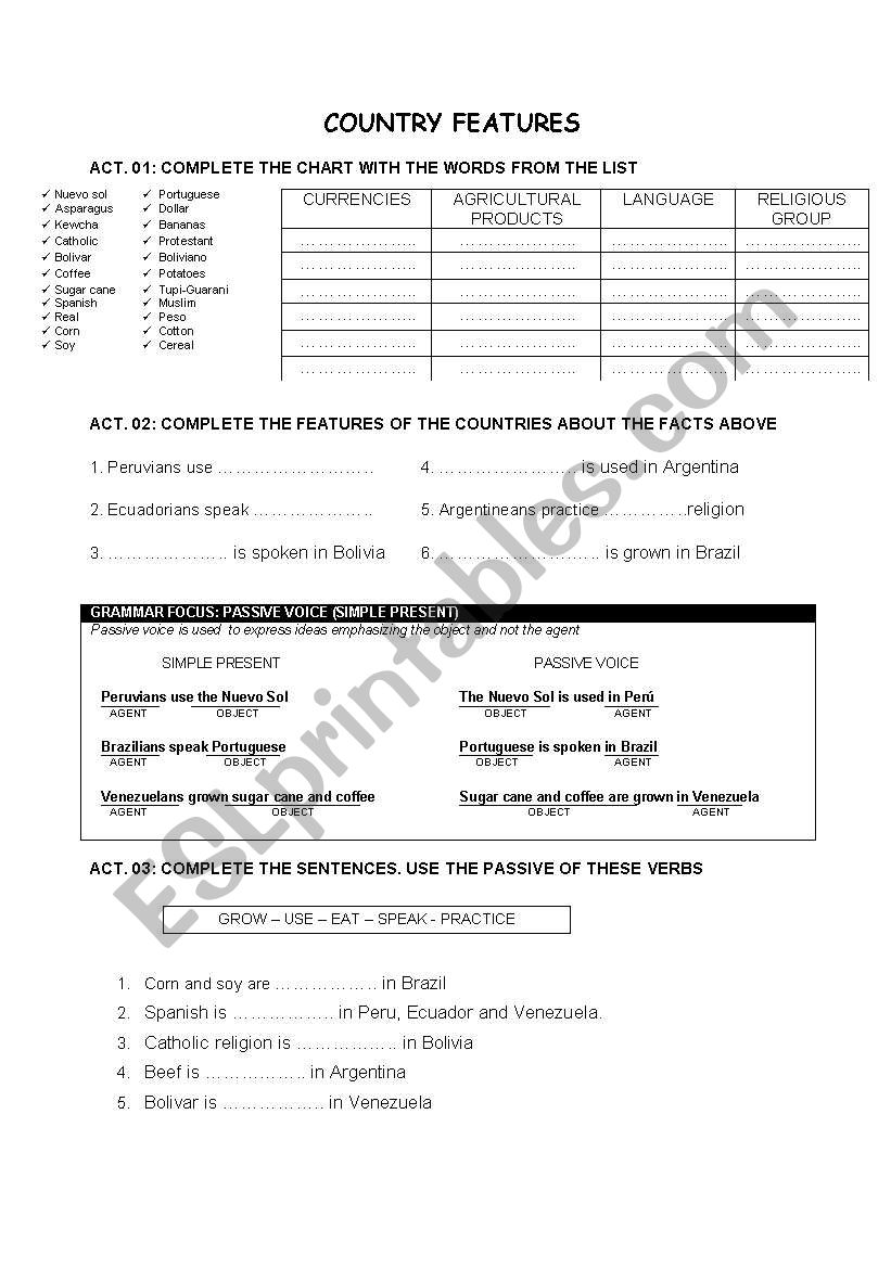 Countries features worksheet