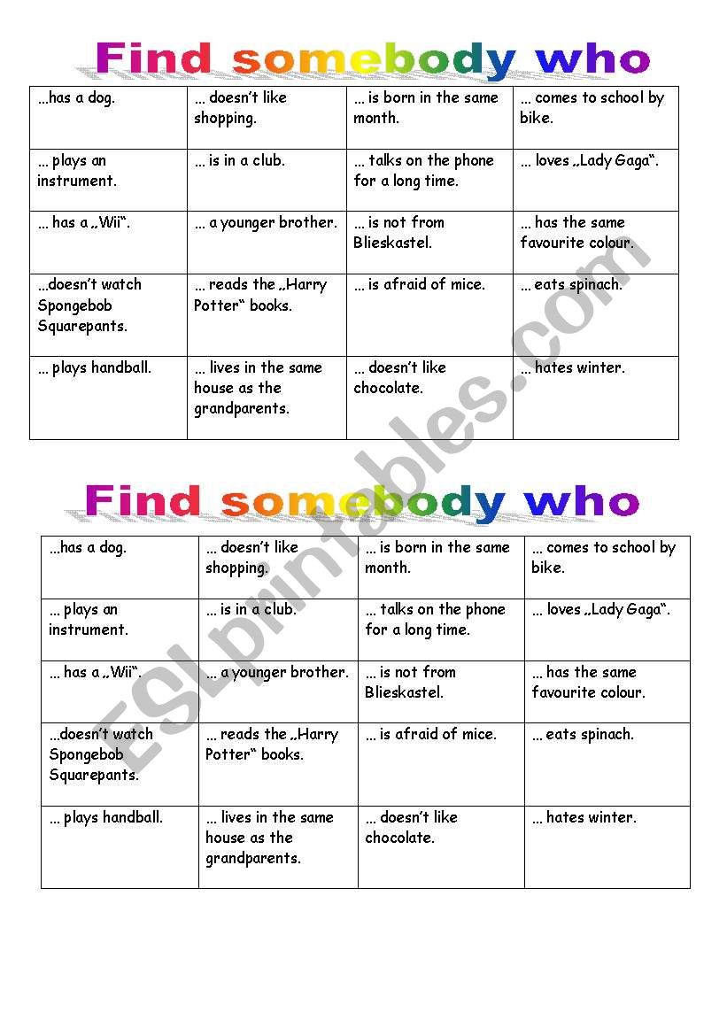 Find somebody who..... worksheet