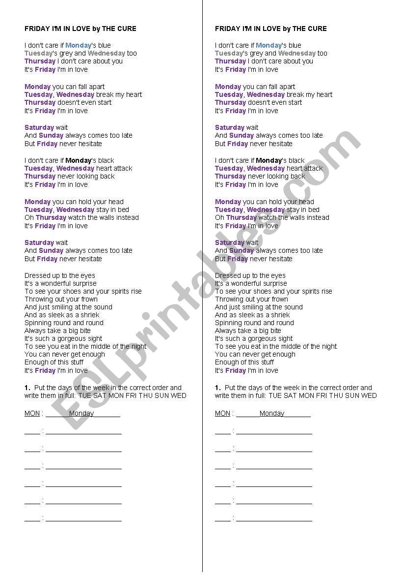 Friday Im In Love worksheet