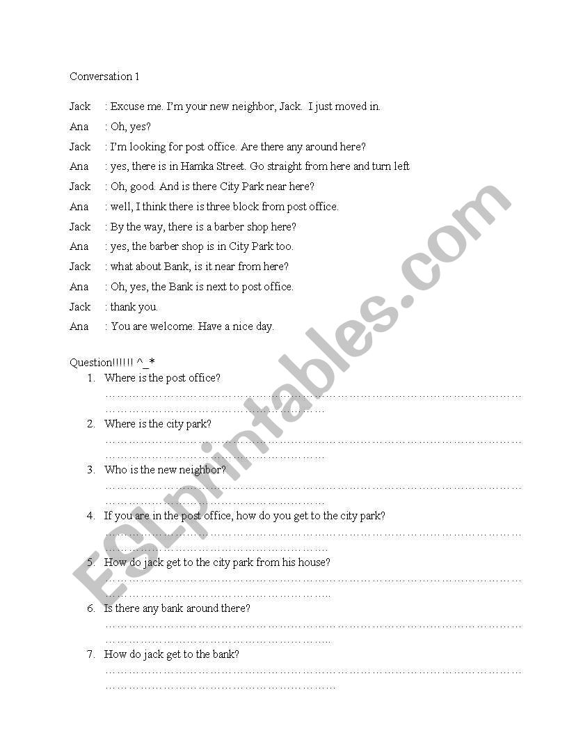 Conversation for direction worksheet