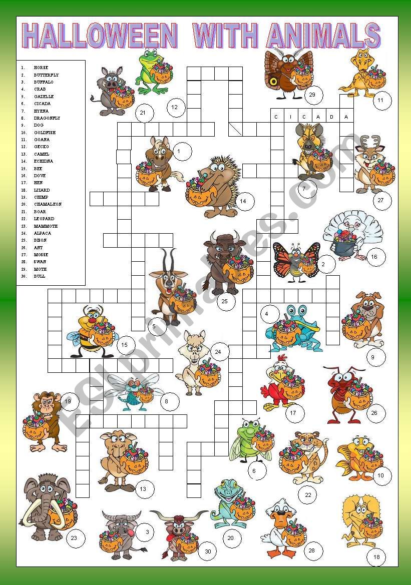 ANIMALS - CROSSWORD - FOR BEGINNERS + KEY