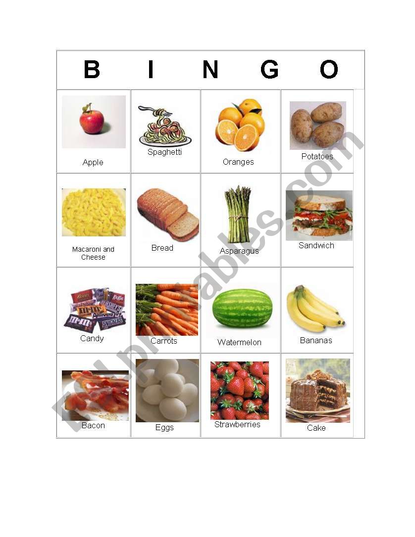 Bingo food worksheet