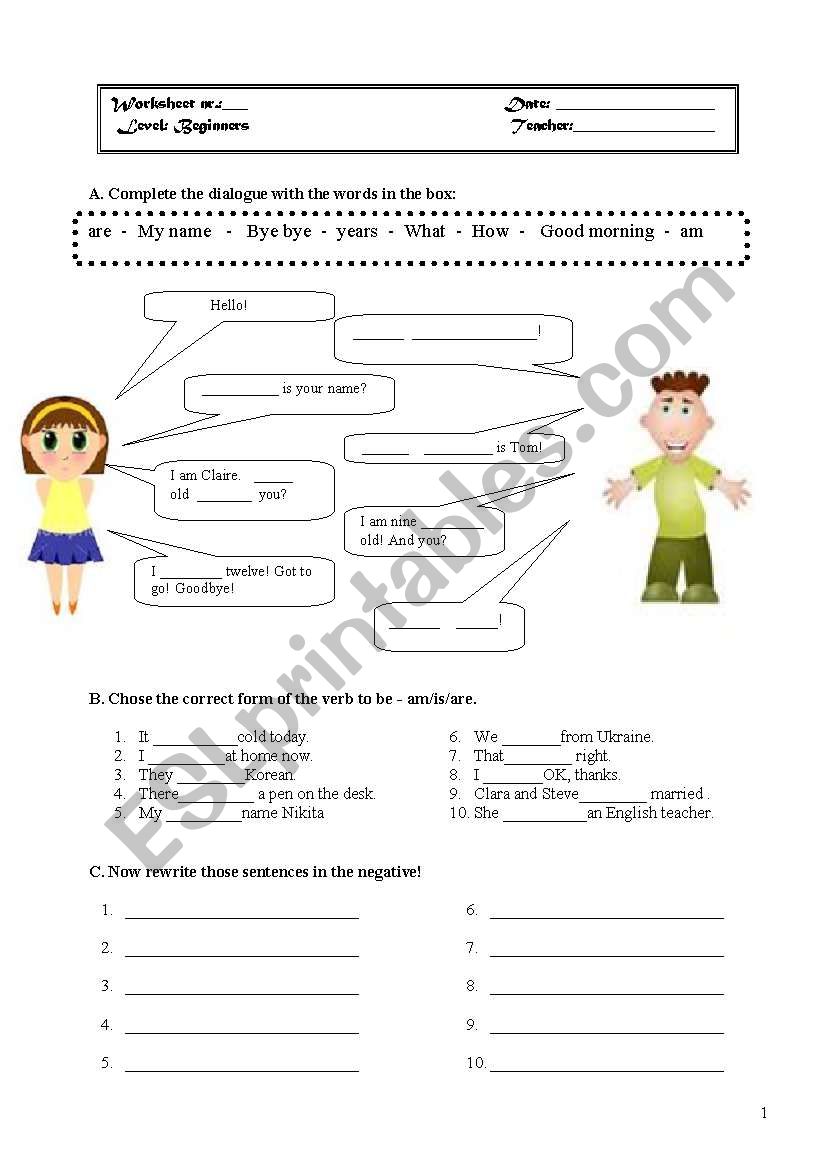greetings and TO BE worksheet