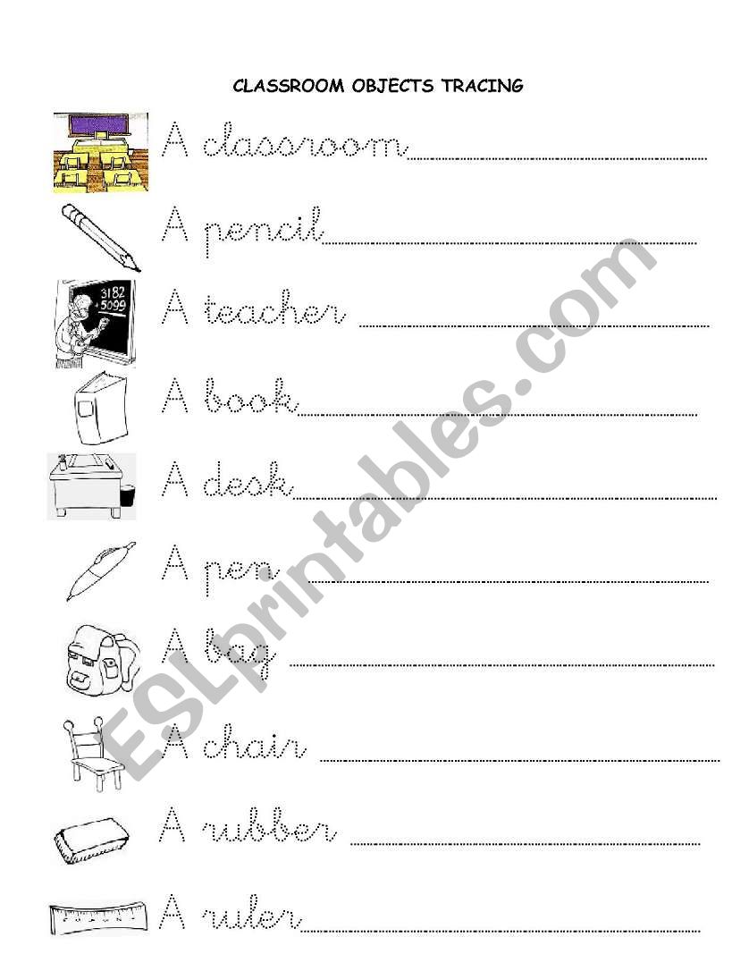 Classroom objects tracing worksheet