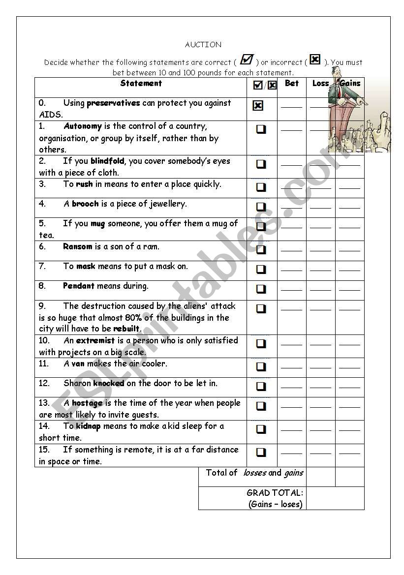 Vocabulary Auction worksheet