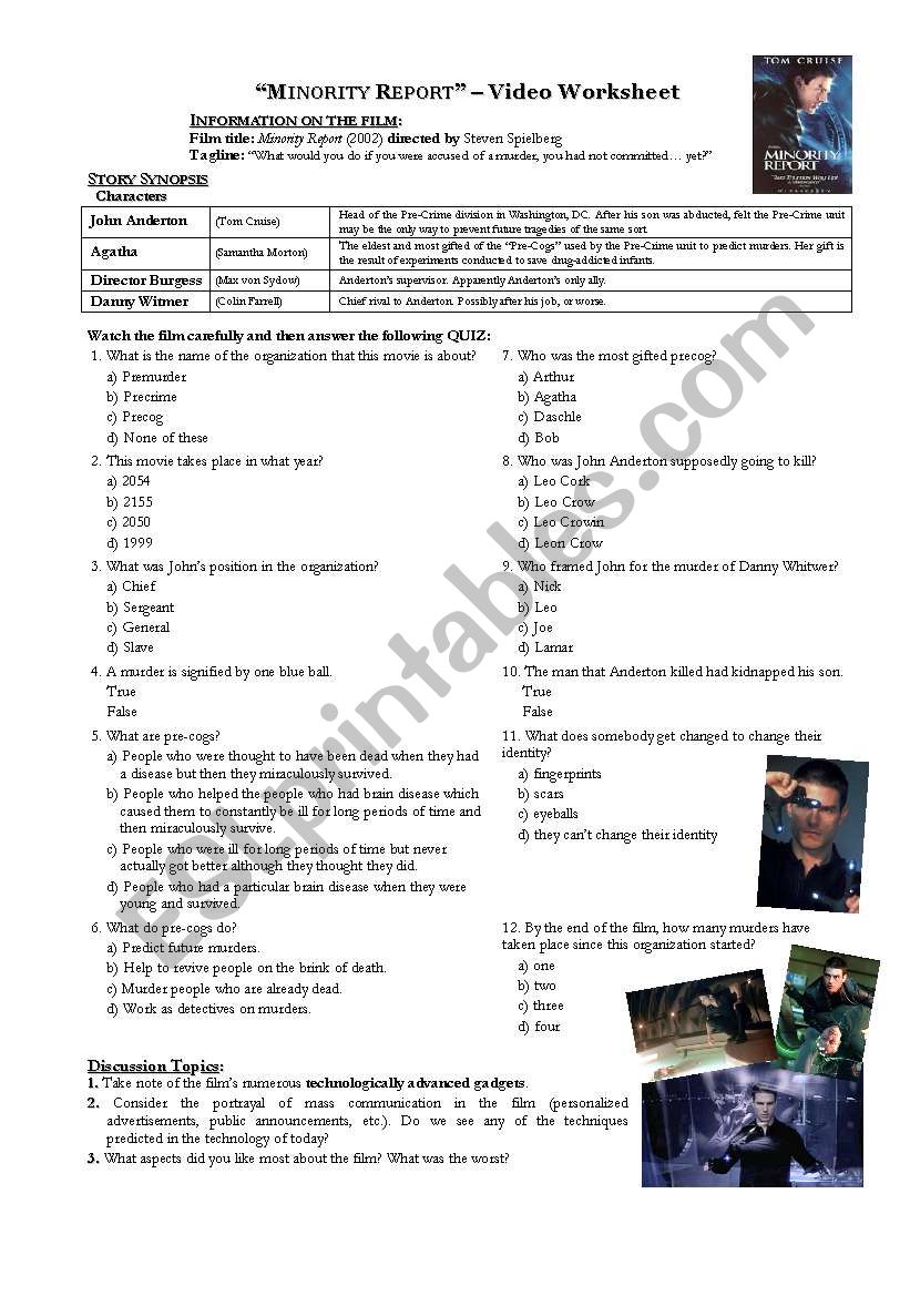 Minority Report worksheet worksheet