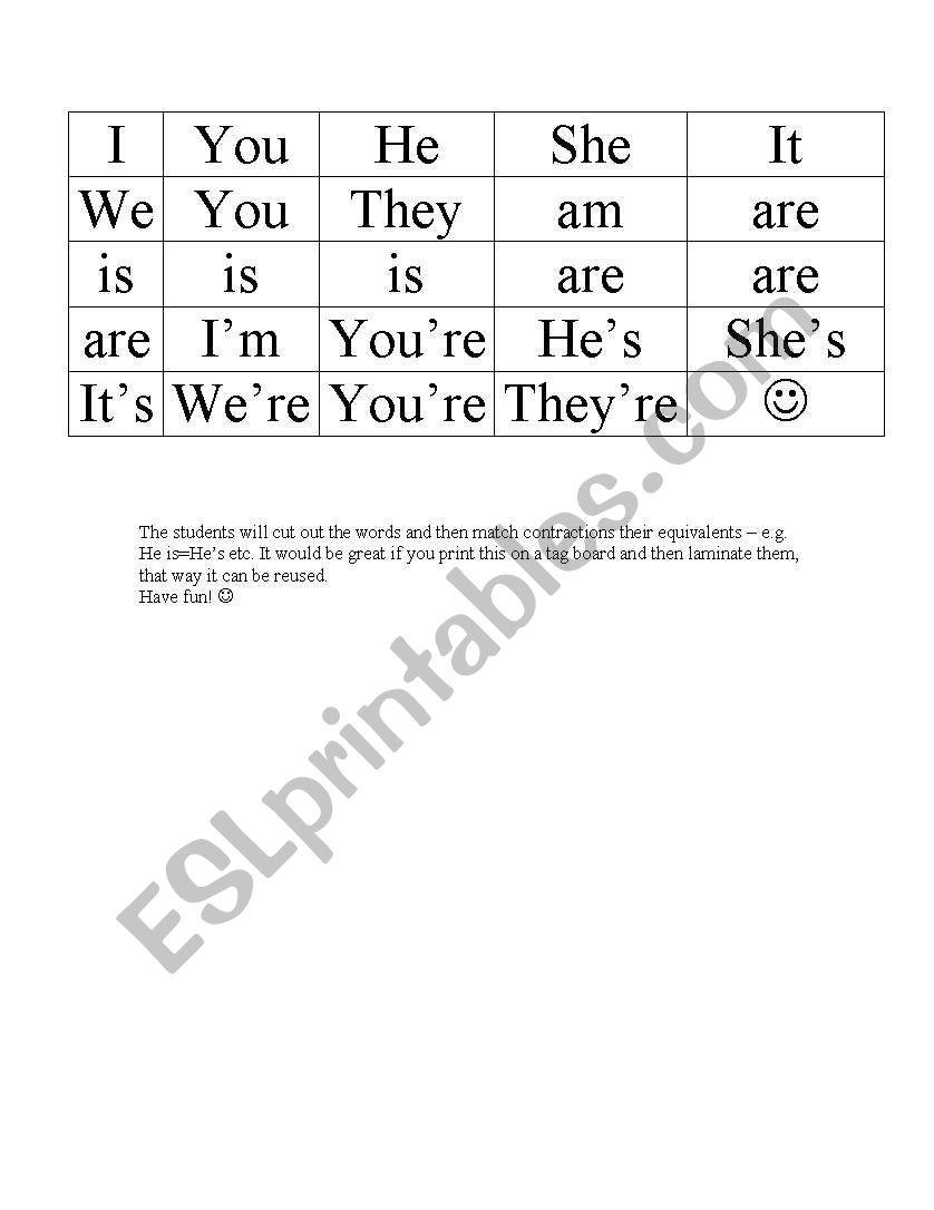 Contractions Cut Outs Matching game Verb TO BE